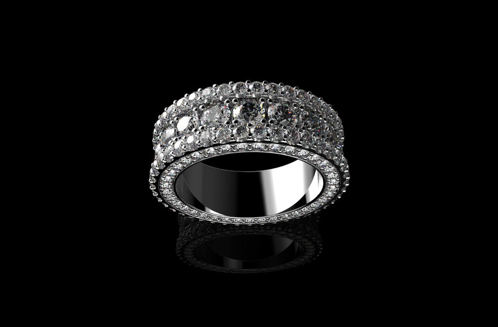 14k white gold custom made mens 3d 3 row jumbo diamond eternity band profile diamonds