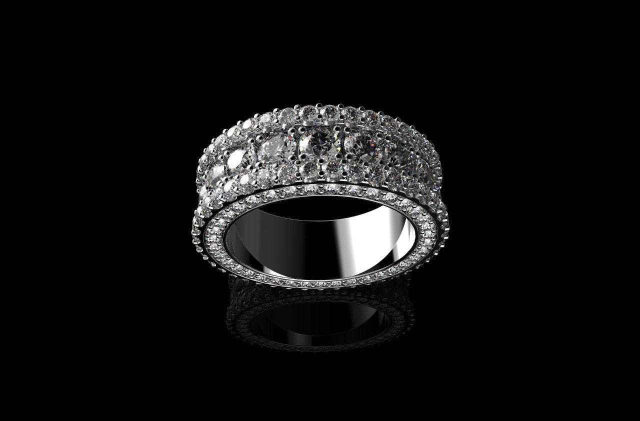 14k white gold custom made mens 3d 3 row jumbo diamond eternity band profile diamonds