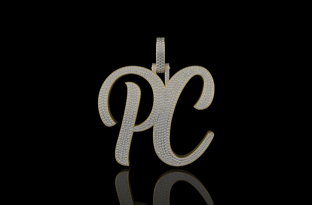 14k yellow gold custom large 3d "PC" style diamond pendant