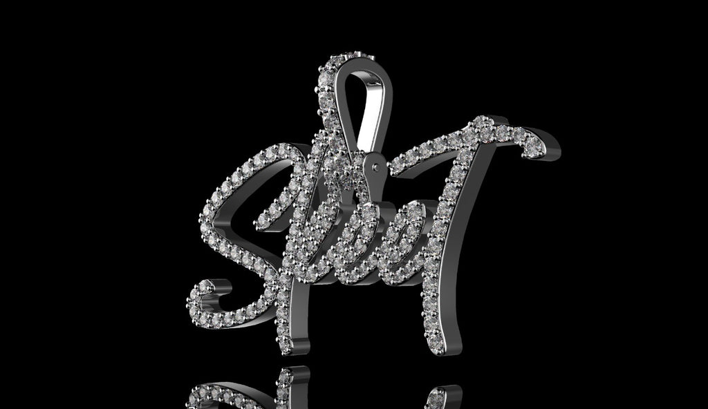 14k white gold custom "skeet" style diamond pendant