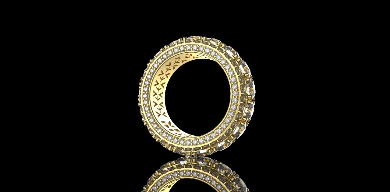 14k yellow gold mens jumbo 3 row diamond eternity band 7.97cts