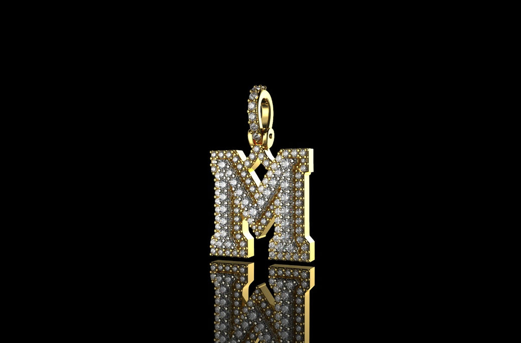 14K 2 TONE YELLOW AND WHITE GOLD DOUBLE LAYER SMALL INITIAL M DIAMOND PENDANT