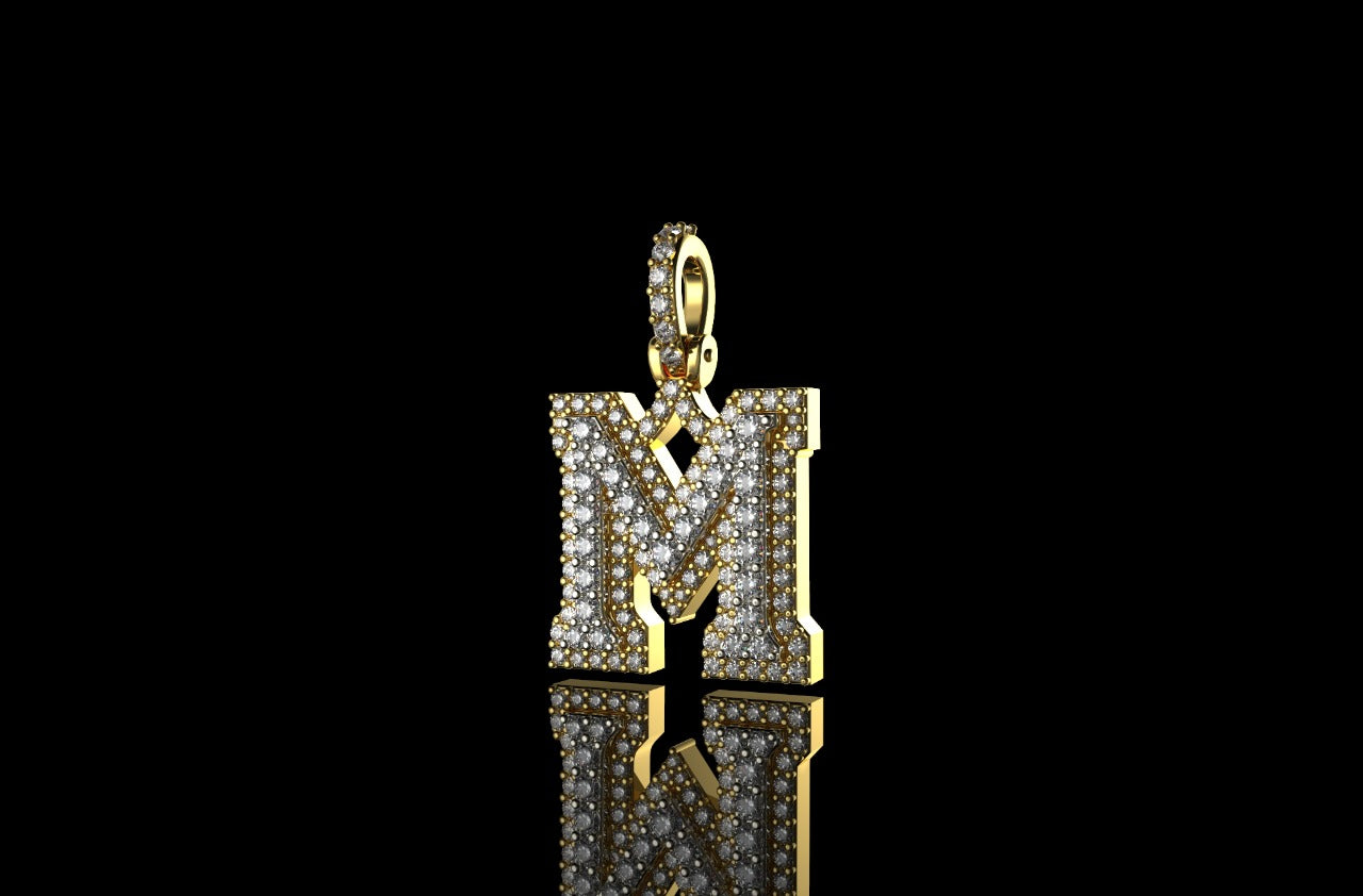 14K 2 TONE YELLOW AND WHITE GOLD DOUBLE LAYER SMALL INITIAL M DIAMOND PENDANT