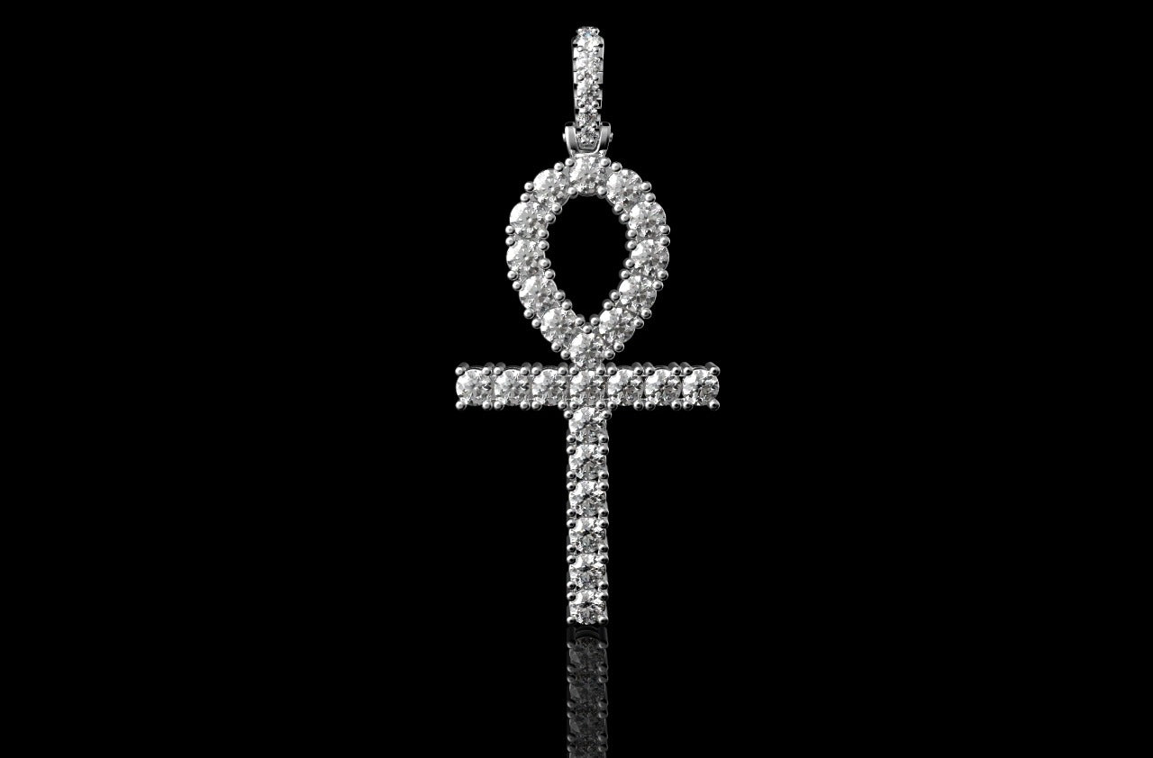 14K WHITE GOLD CUSTOM DIAMOND ANKH CROSS PENDANT