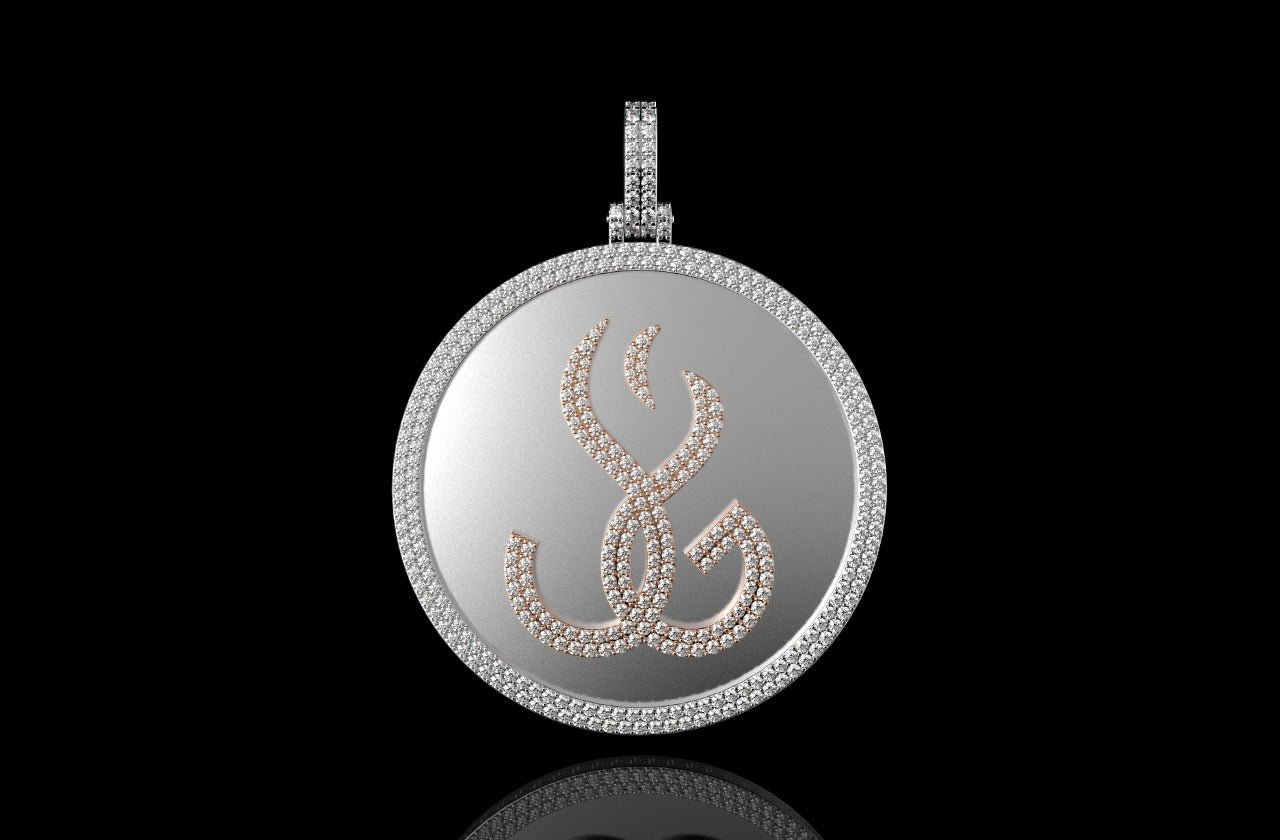 14k 2 tone rose and white gold double layer large round custom diamond pendant shiny background