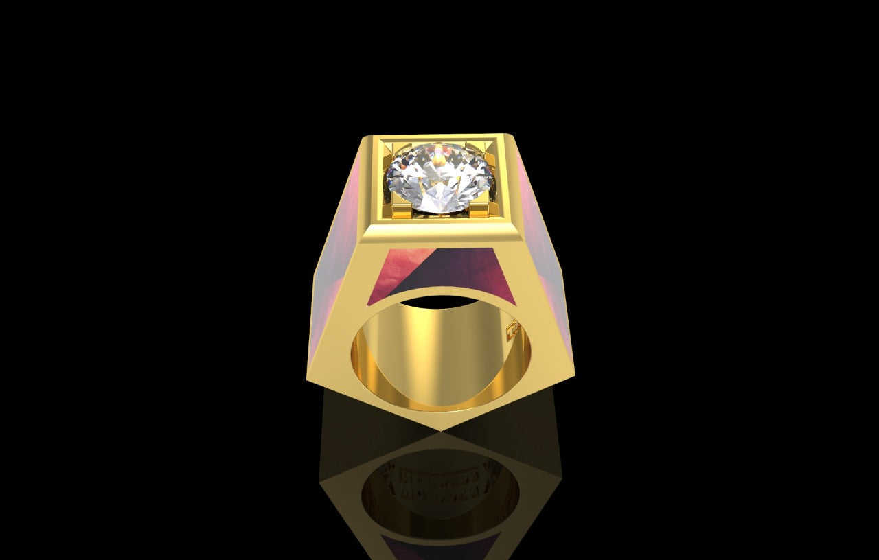 14k yellow gold custom made 5.00ct diamond ring with custom red onyx stone