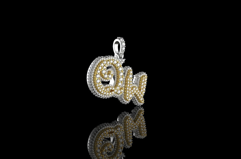 14K 2 TONE YELLOW AND WHITE GOLD DOUBLE LAYER CUSTOM MINI "QW" STYLE DIAMOND PENDANT