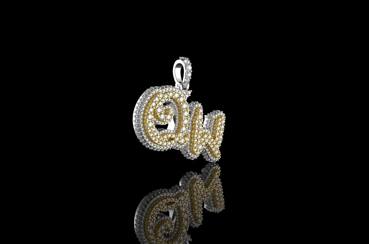 14K 2 TONE YELLOW AND WHITE GOLD DOUBLE LAYER CUSTOM MINI "QW" STYLE DIAMOND PENDANT