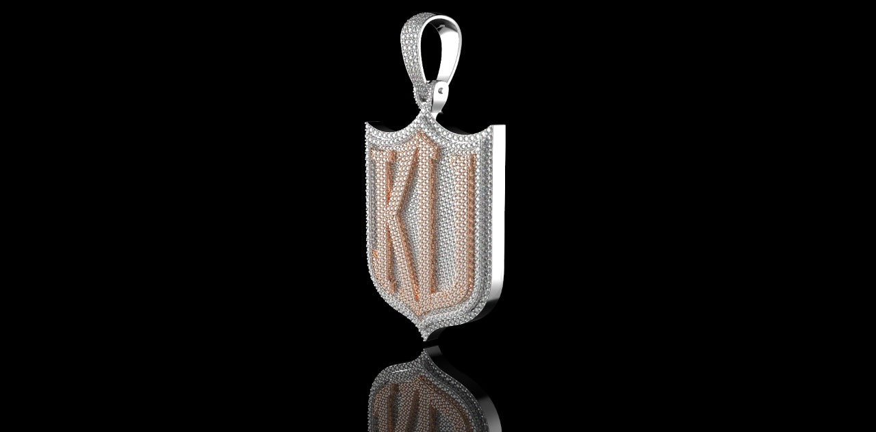14K 2 TONE ROSE AND WHITE GOLD CUSTOM DOUBLE LAYER "KD" SHIELD STYLE DIAMOND PENDANT