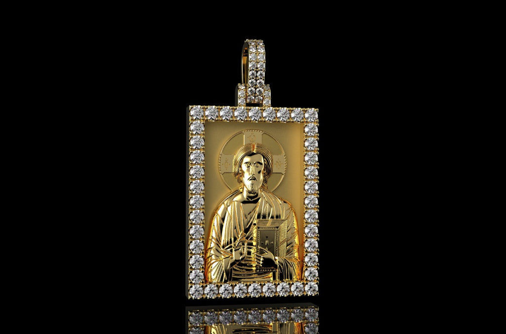 14k yellow gold custom 3d square shape diamond saint medallion pendant