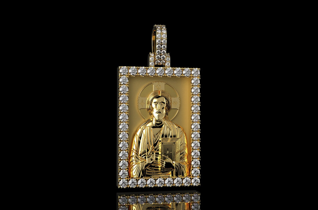 14k yellow gold custom 3d square shape diamond saint medallion pendant