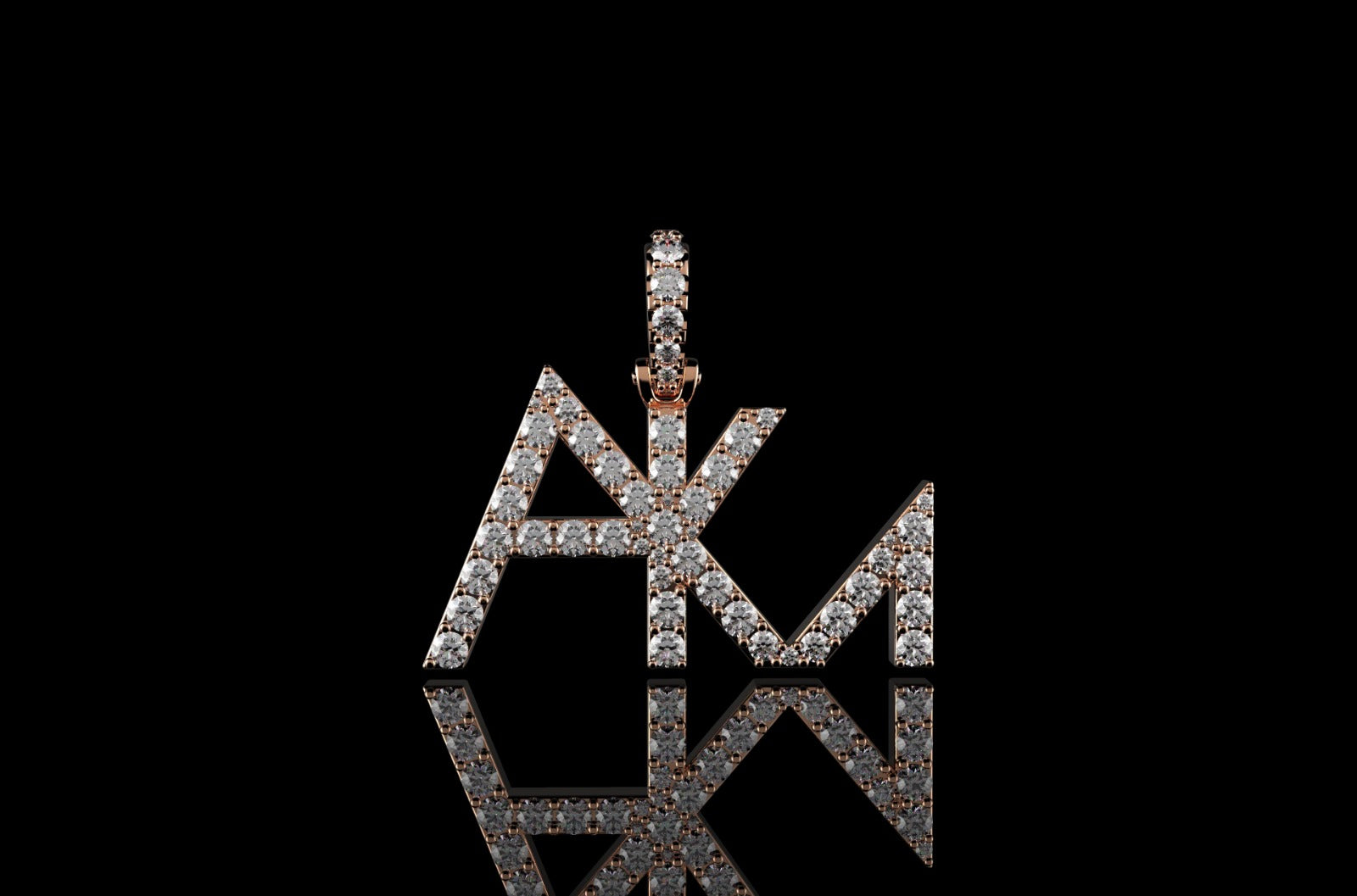 14k rose gold custom "akm" single row style diamond pendant