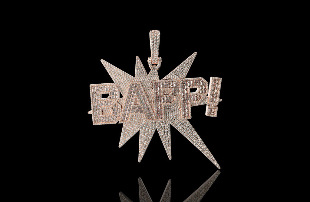 14k rose gold 3d custom "bapp!" style diamond pendant