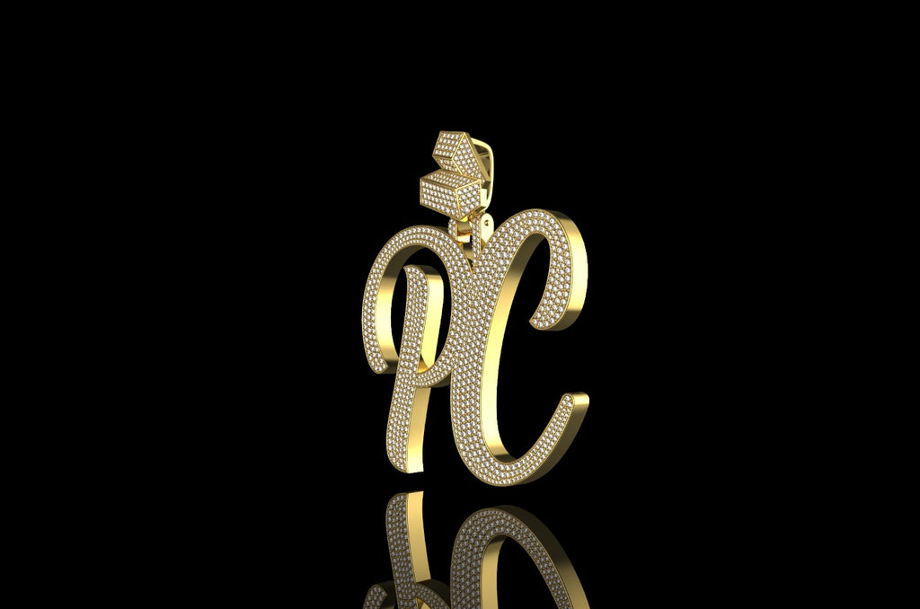 14k yellow gold 3d custom "PC" style diamond pendant with custom bail