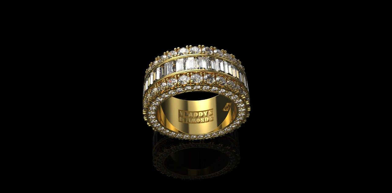 14K YELLOW GOLD MENS CUSTOM DIAMOND BAND BAGUETTE & ROUND DIAMOND RING