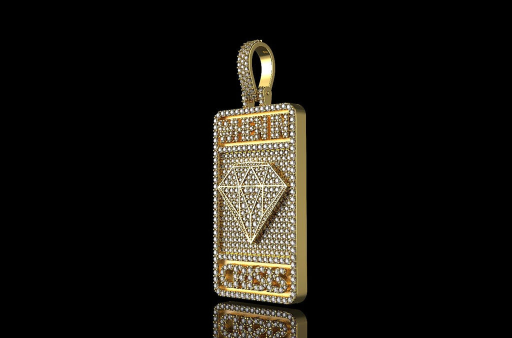 14k yellow gold custom 3d "when in crisis" style diamond dog tag pendant