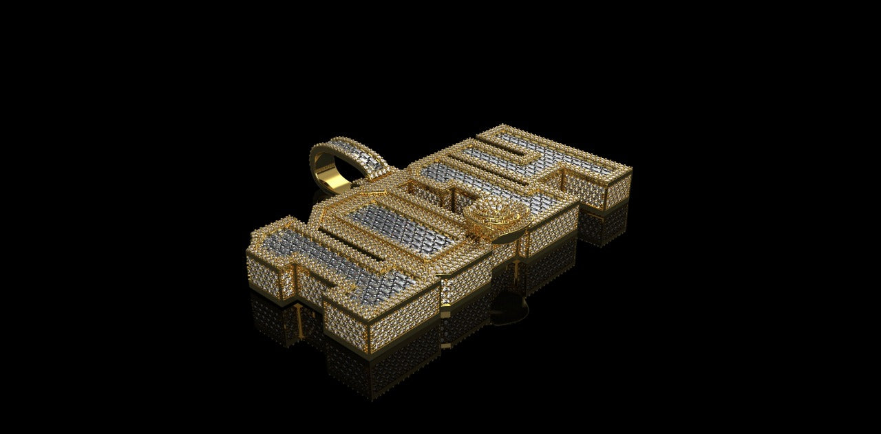 14K 2 TONE YELLOW AND WHITE GOLD DOUBLE LAYER CUSTOM "1014" STYLE BAGUETTE DIAMOND PENDANT