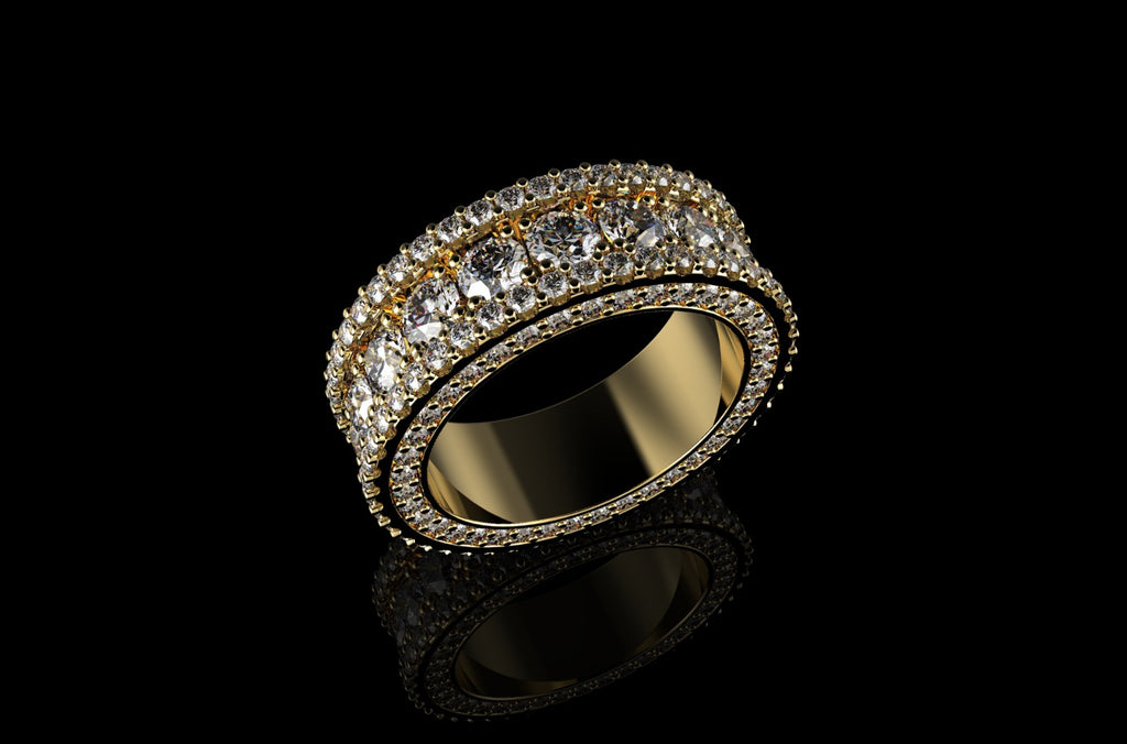 14K YELLOW GOLD CUSTOM MADE MENS 3D 3 ROW JUMBO DIAMOND ETERNITY BAND PROFILE DIAMONDS