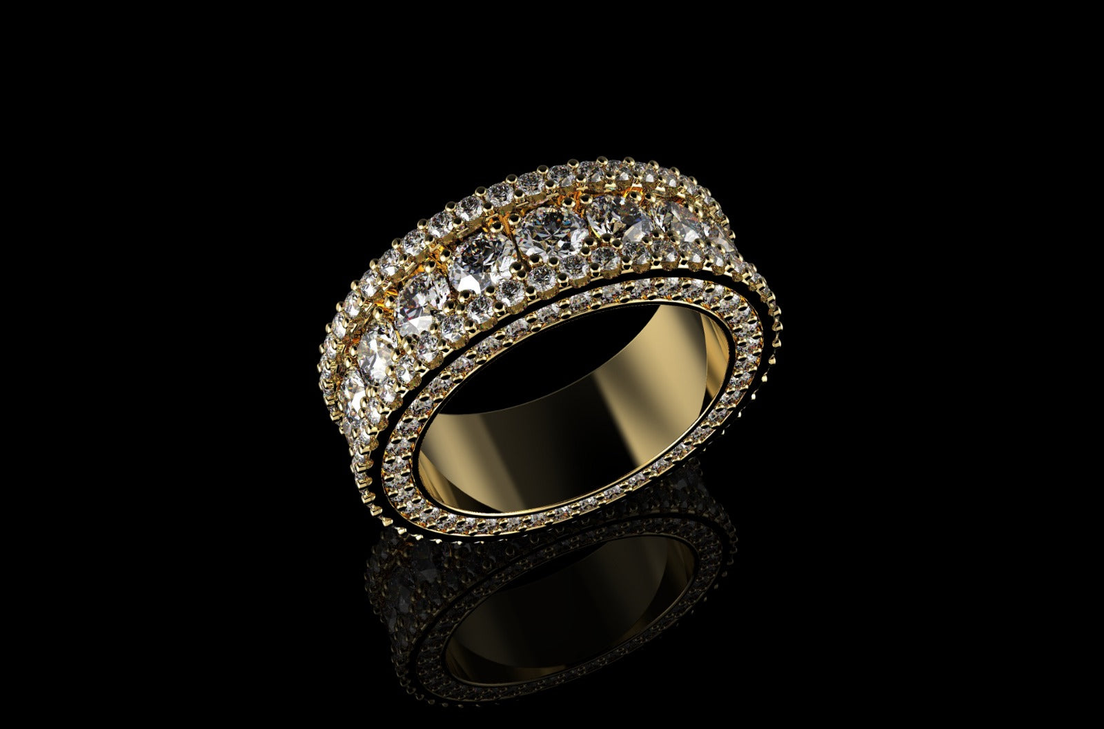 14K YELLOW GOLD CUSTOM MADE MENS 3D 3 ROW JUMBO DIAMOND ETERNITY BAND PROFILE DIAMONDS