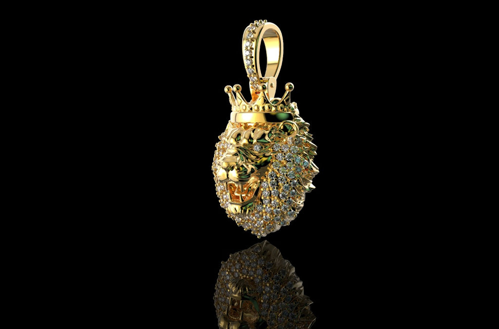 14k yellow gold 3D lion diamond pendant