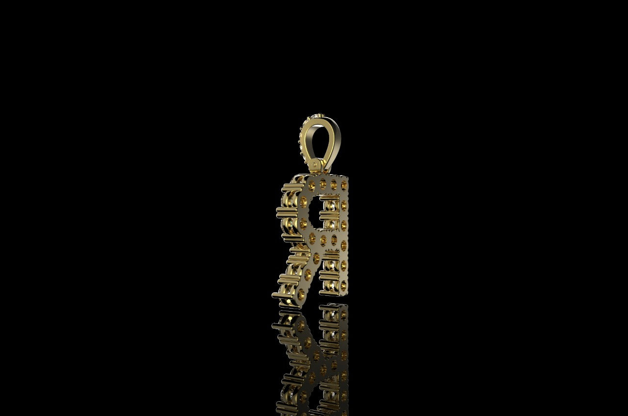 14k yellow gold custom diamond "R" initial pendant