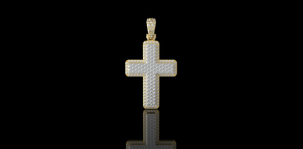 14K 2 TONE YELLOW AND WHITE GOLD DOUBLE LAYER DIAMOND CROSS PENDANT