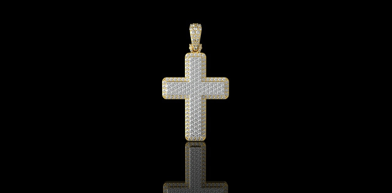 14K 2 TONE YELLOW AND WHITE GOLD DOUBLE LAYER DIAMOND CROSS PENDANT