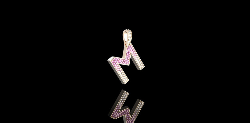 14k yellow gold initial M pendant with pink sapphires and diamonds