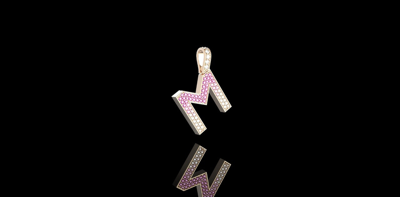 14k yellow gold initial M pendant with pink sapphires and diamonds