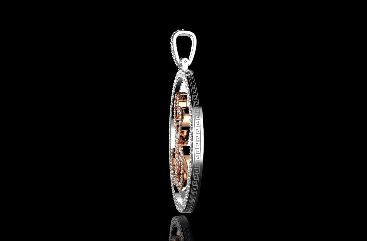 14k 2 tone rose and white gold double layer large round custom diamond pendant shiny background