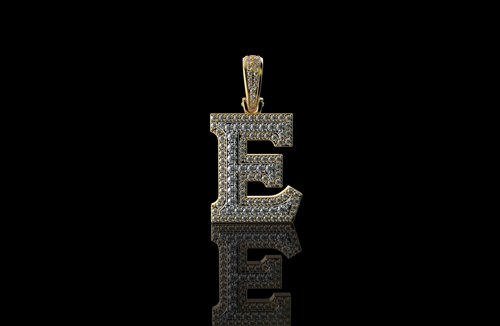 14k 2 tone yellow and yellow gold double layer small initial E diamond pendant