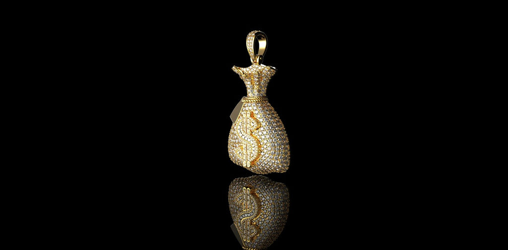 14K YELLOW GOLD CUSTOM MONEY BAG WITH BAGUETTES DIAMOND PENDANT