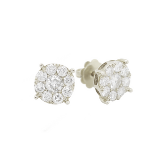 Large Cluster Diamonds White Gold Earrings 1.45 CT