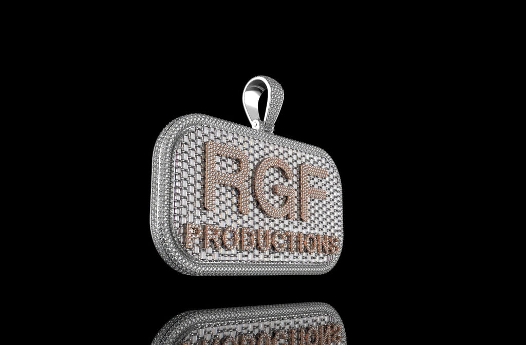 14k 2 tone rose and white gold custom double layer "rgf" style baguette diamond pendant