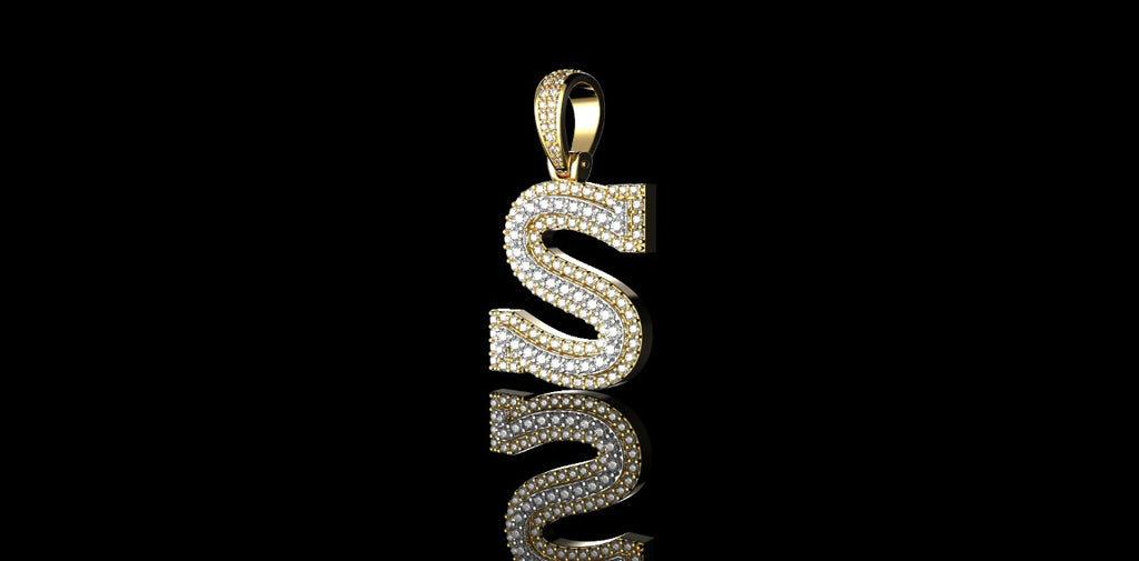14k 2 tone yellow and white gold double layer block initial S diamond pendant