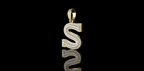 14k 2 tone yellow and white gold double layer block initial S diamond pendant