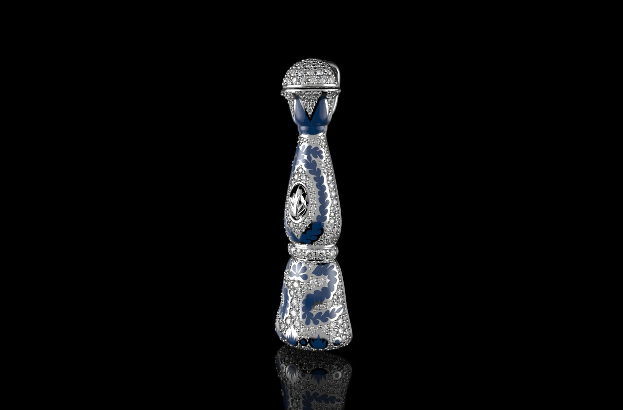 14k white gold custom diamond "azul" bottle pendant with blue enamel