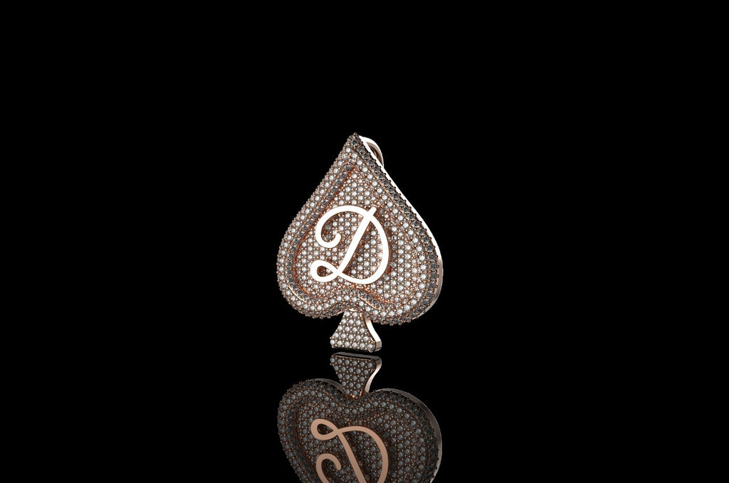 14k rose gold 3d spade initial "d" style diamond pendant