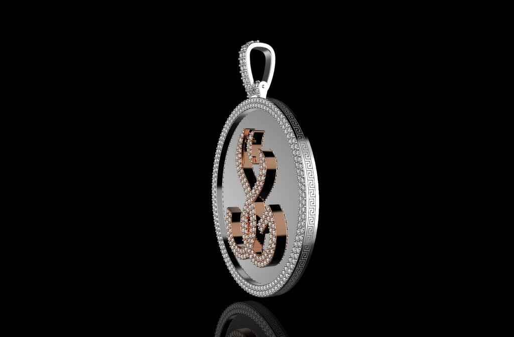 14k 2 tone rose and white gold double layer large round custom diamond pendant shiny background