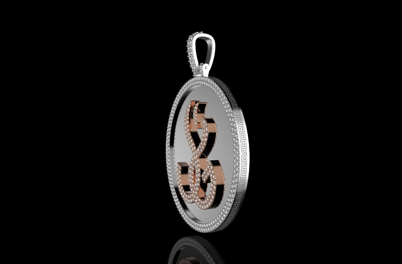 14k 2 tone rose and white gold double layer large round custom diamond pendant shiny background