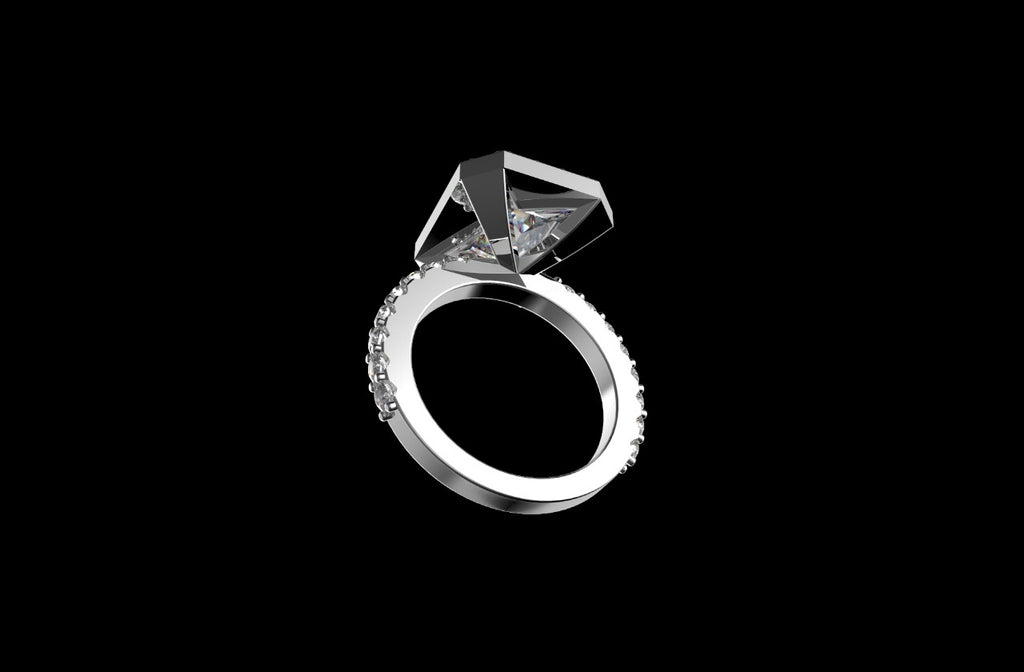18k white gold custom emerald cut halo diamond engagement ring prong setting