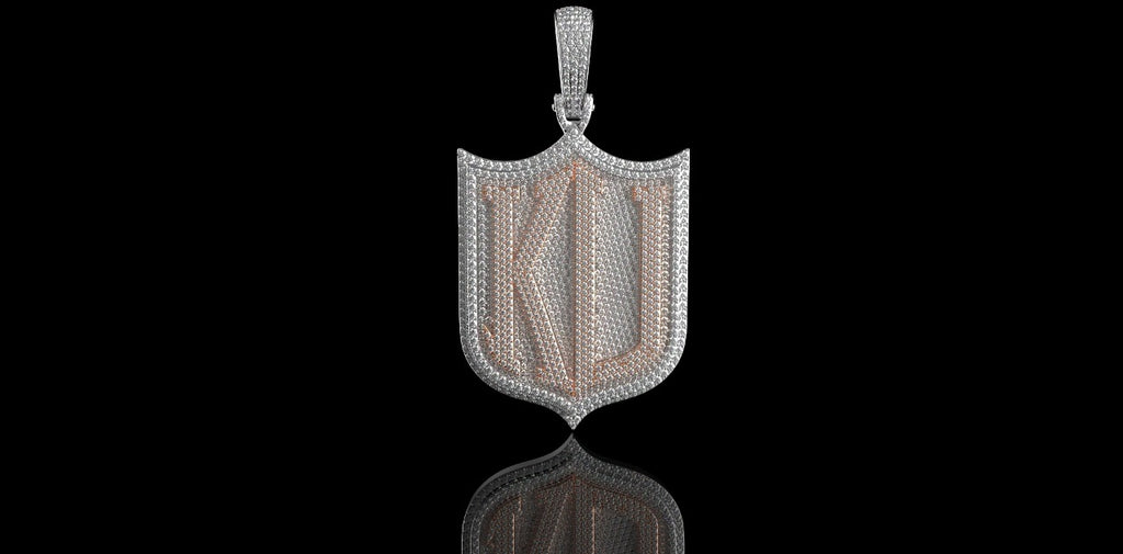 14K 2 TONE ROSE AND WHITE GOLD CUSTOM DOUBLE LAYER "KD" SHIELD STYLE DIAMOND PENDANT