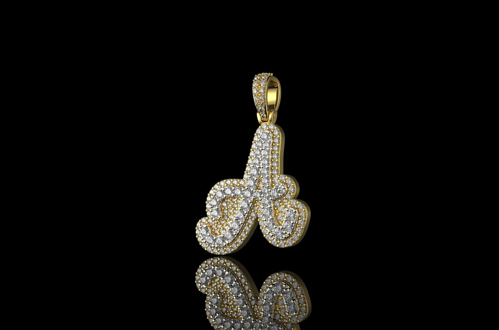 14k 2 tone yellow and white gold double layer Script initial A diamond pendant