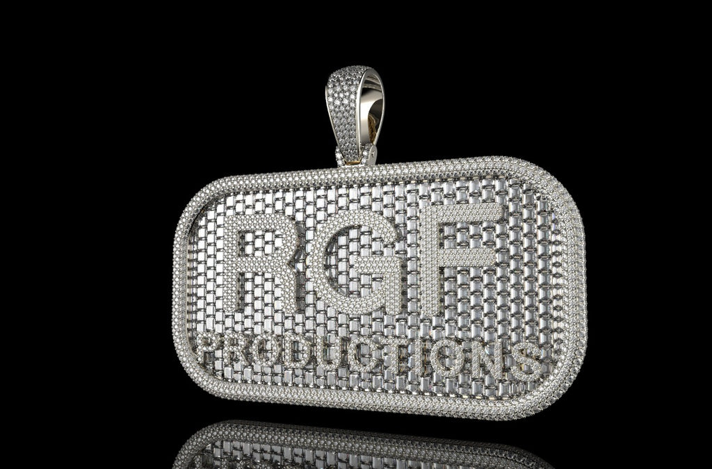 14k white gold custom double layer "rgf" style baguette diamond pendant