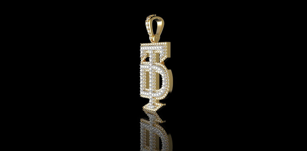 14k 2 tone white and yellow gold double layer initial "TD" diamond pendant