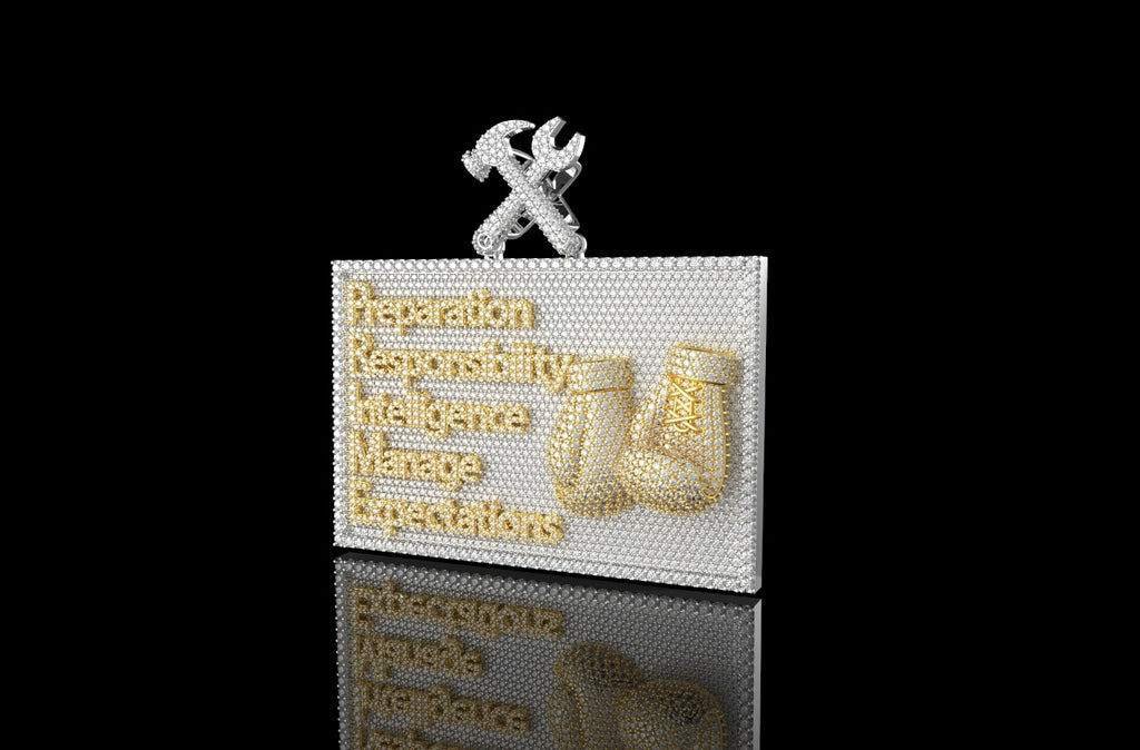 14K 2 TONE YELLOW AND WHITE GOLD DOUBLE LAYER RECTANGLE BOXING CUSTOM DIAMOND PENDANT