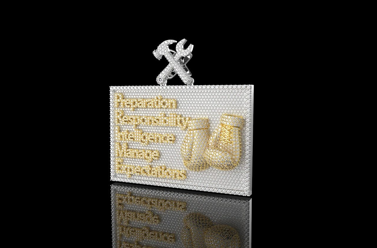 14K 2 TONE YELLOW AND WHITE GOLD DOUBLE LAYER RECTANGLE BOXING CUSTOM DIAMOND PENDANT