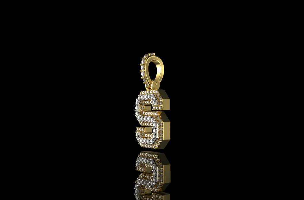 14k 2 tone yellow and white gold double layer small initial S diamond pendant