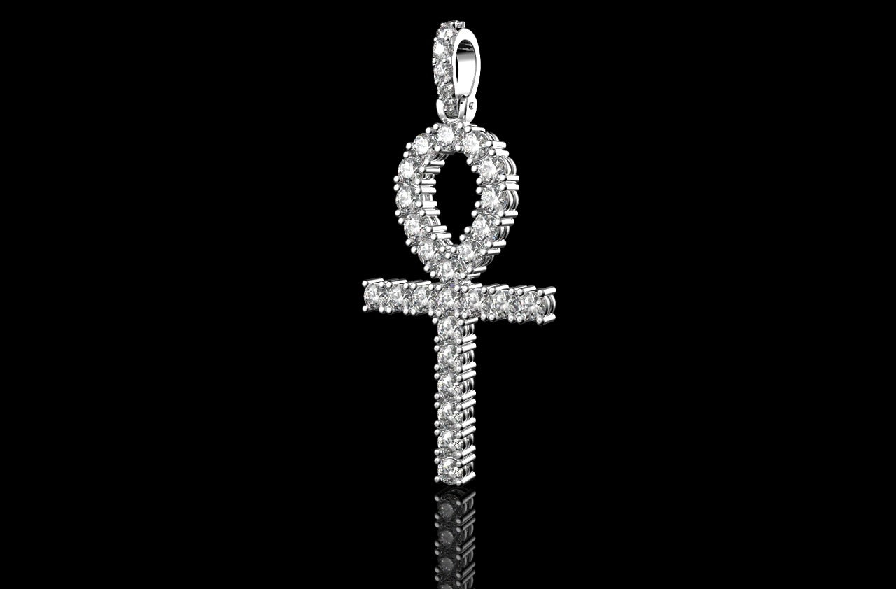 14K WHITE GOLD CUSTOM DIAMOND ANKH CROSS PENDANT