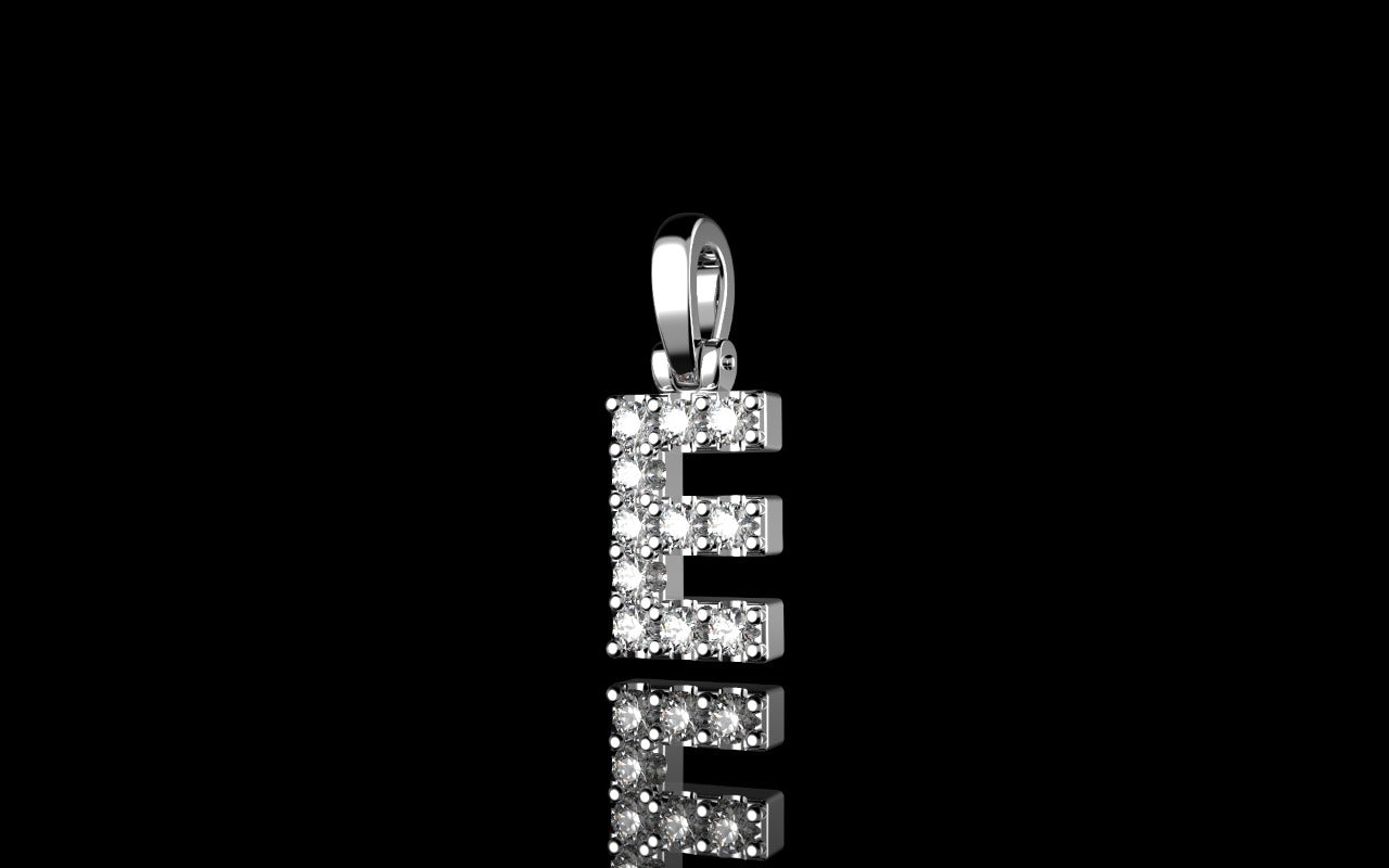 14k white gold custom small single row intial "e" diamond pendant